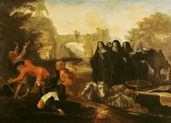 Etival apátnője visszatér Le Mans-ba négy apácával, Paul Scarron (1610-60) „Roman Comique” című művéből, 1712-16